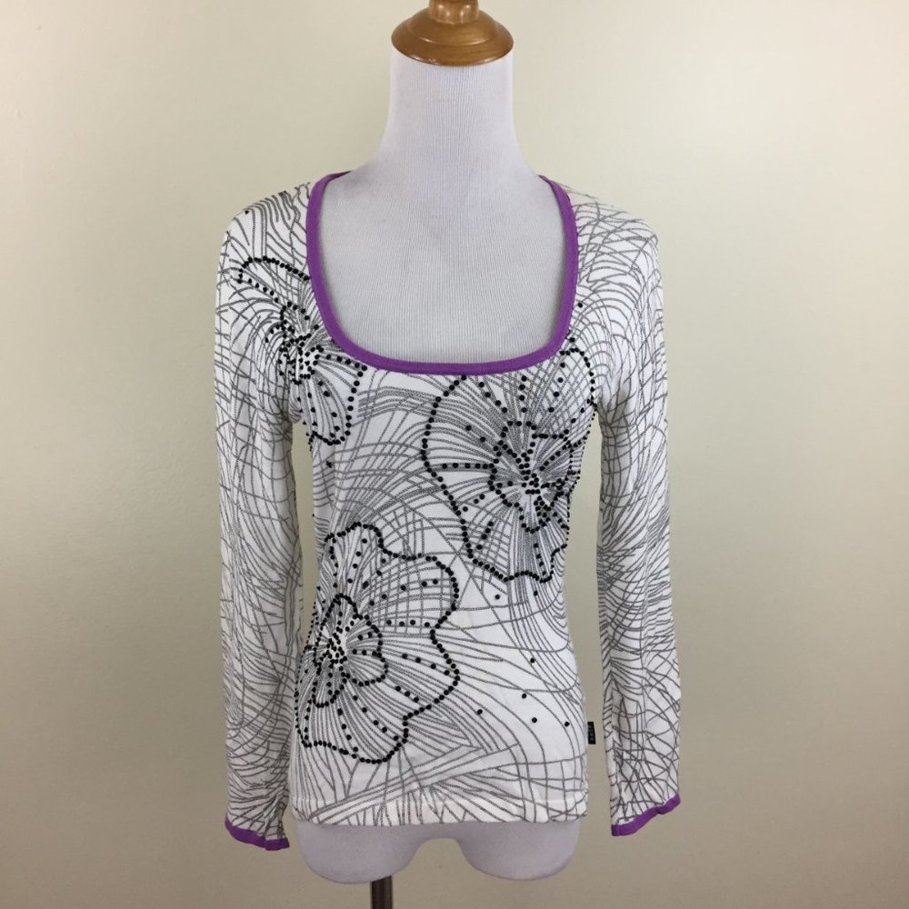 BCBGMAXAZRIA White Black Beads Floral Print Purple Trim Silk Blend Sweater - Picture 6 of 15